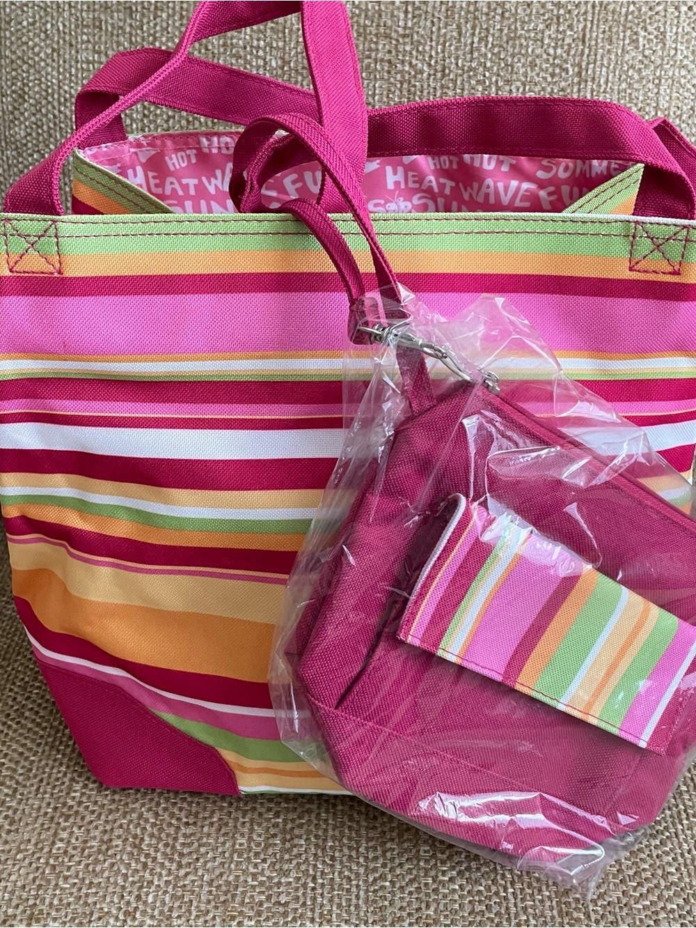 Lancome Pink Striped Tote with Matching Pouch